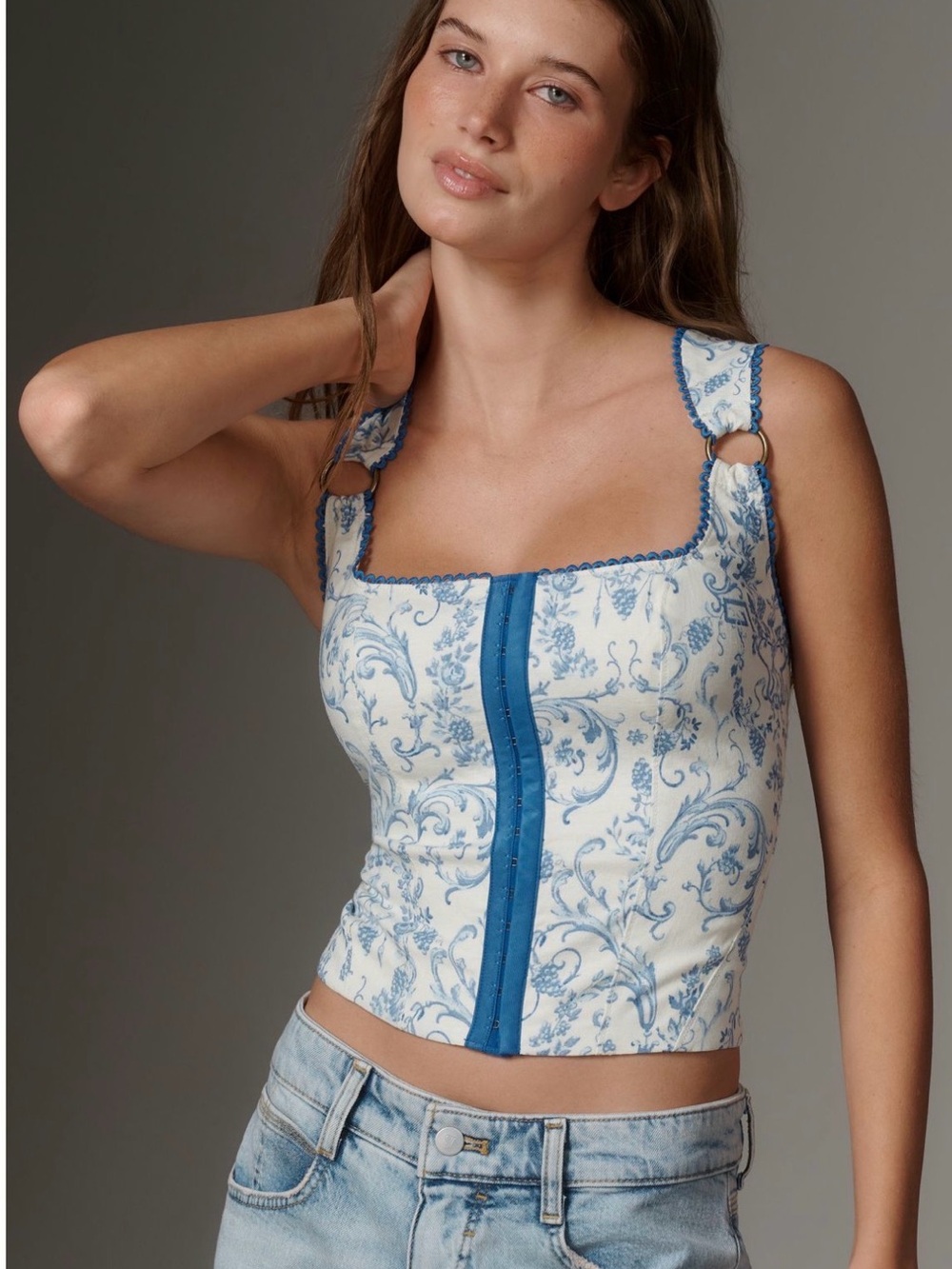 Blue Floral Corset Bandeau Top with Hook-Front Detail